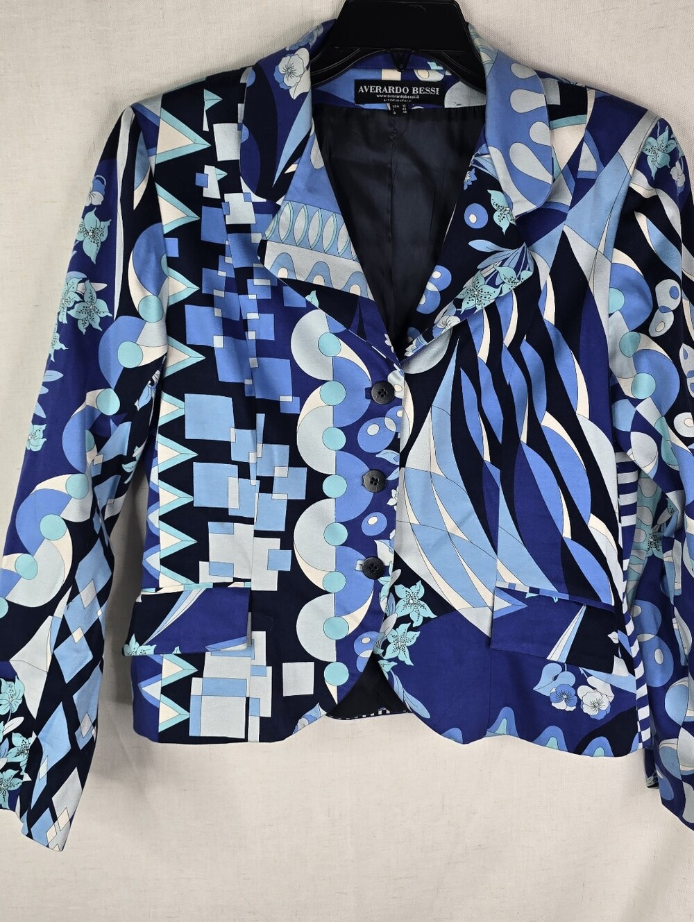 Averardo Bessi Womens 12 Wearable Art Abstract Blue Blazer Suit Jacket